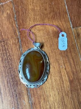 Onyx Brown Agate Oval Pendant Necklace with Silver-Tone Filigree